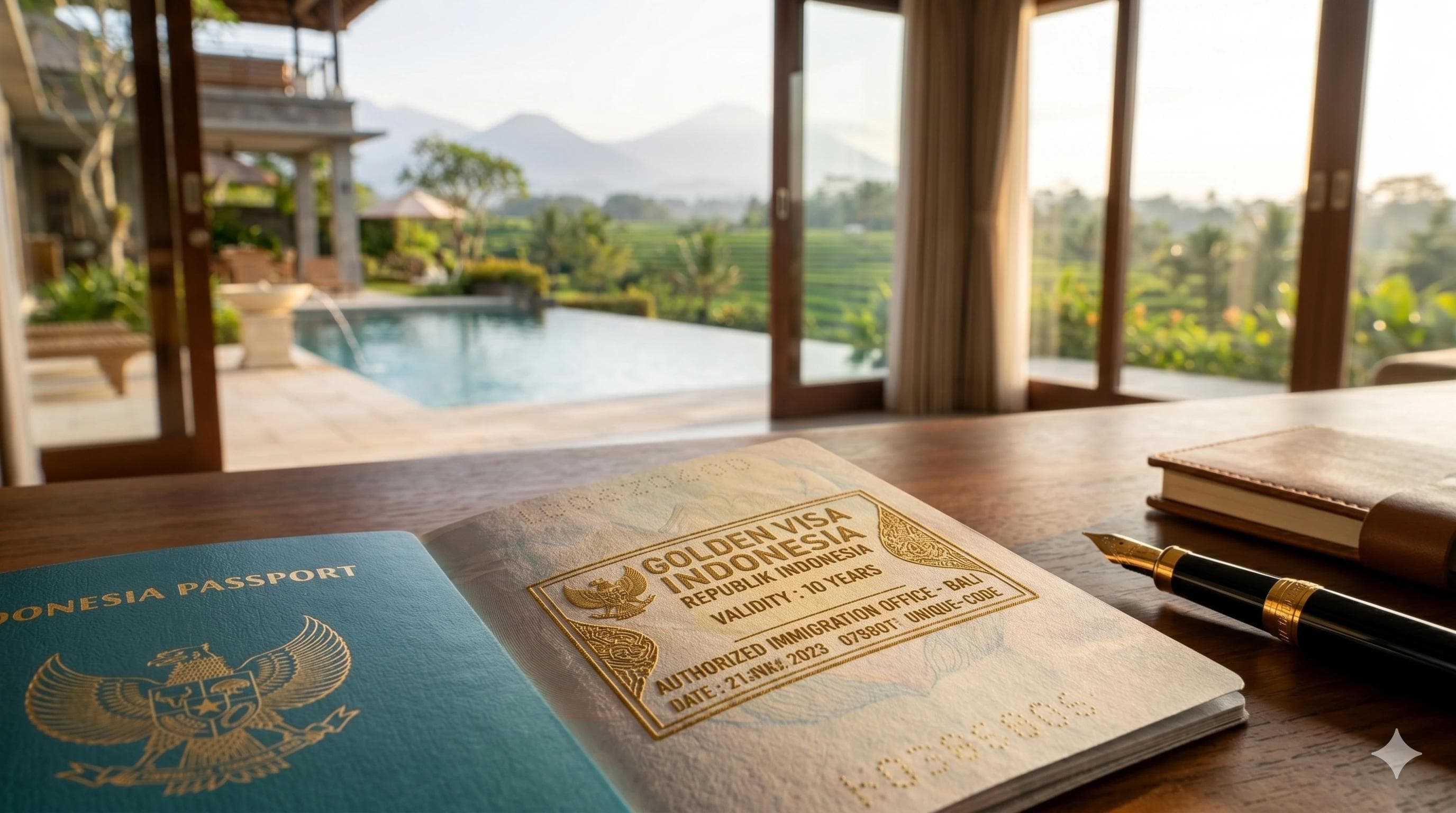 Close up of a golden passport stamp next to a luxury resort in Bali
