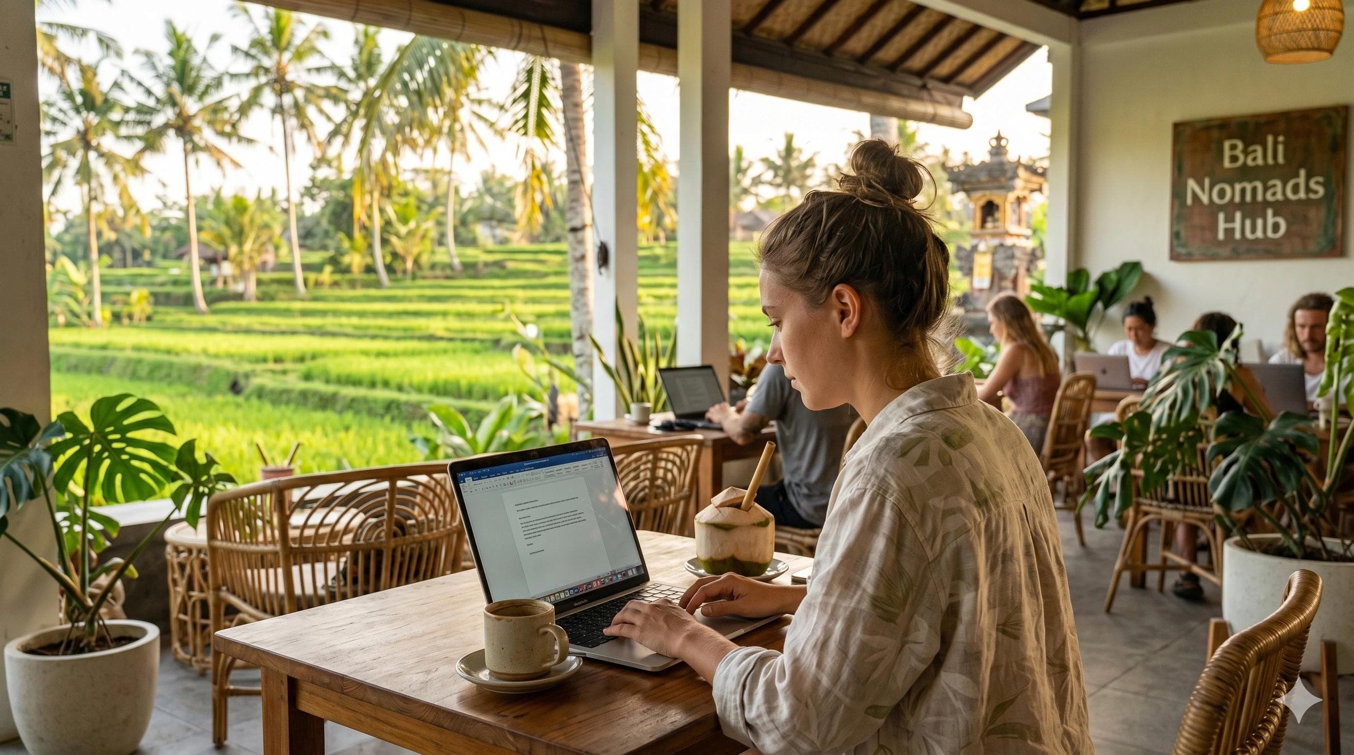 Person working on a laptop at a cafe in Bali